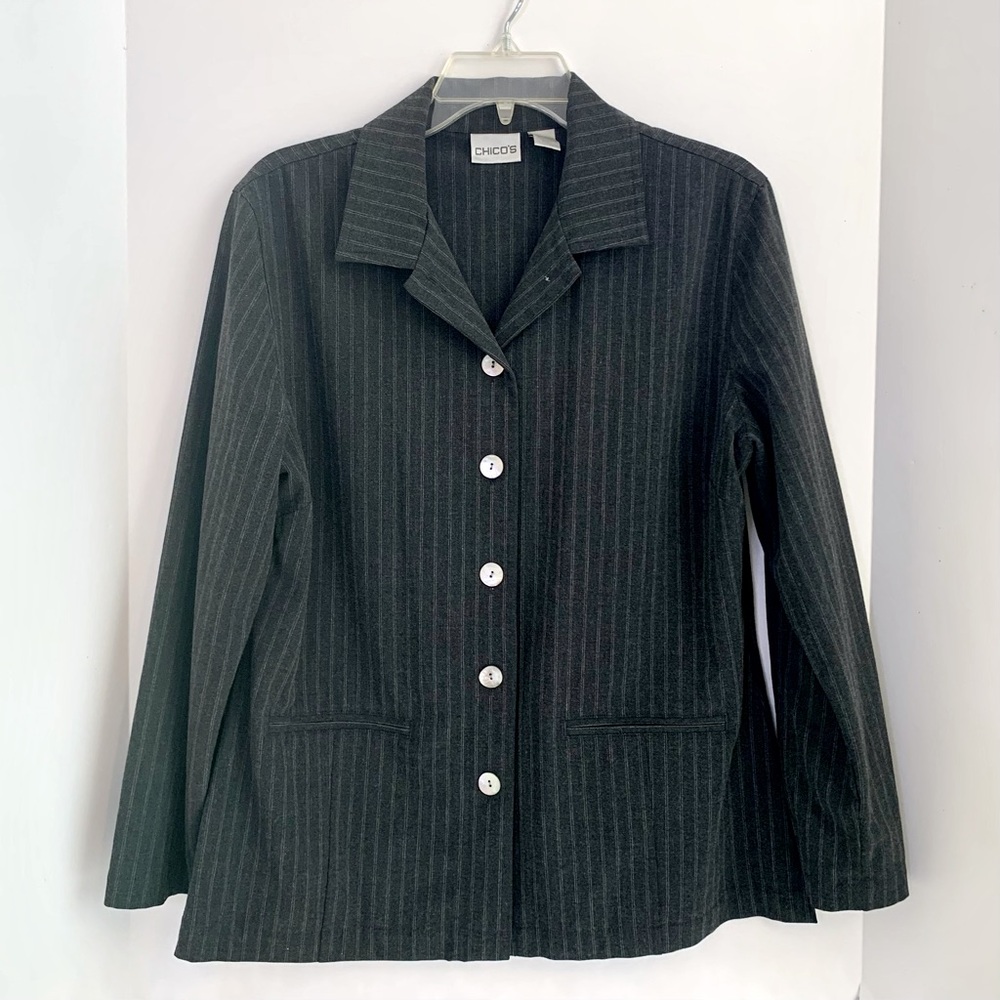 Chico’s charcoal grey pinstripe shirt jacket